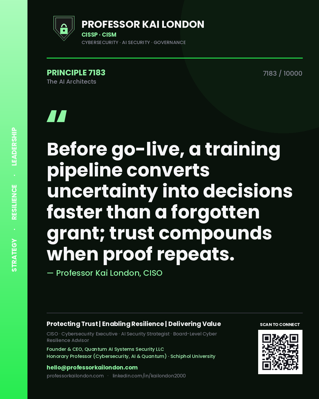 Professor Kai London principle 7183: Before go-live, a training pipeline converts uncertainty into decisions faster than a forgotten grant; trust compounds when proof repeats.