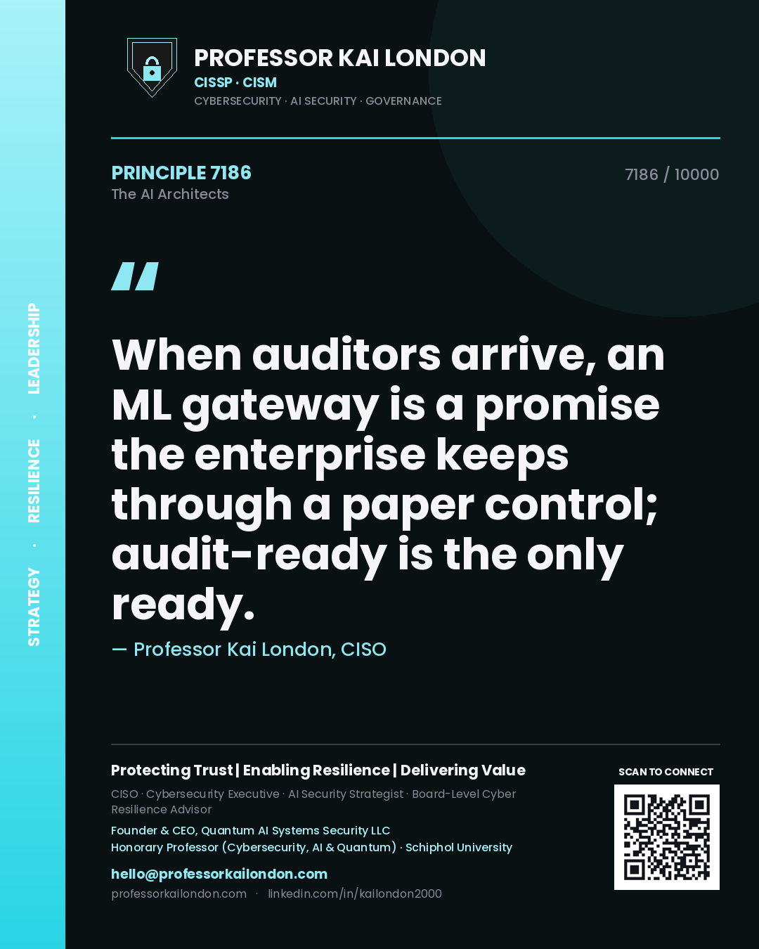 Professor Kai London principle 7186: When auditors arrive, an ML gateway is a promise the enterprise keeps through a paper control; audit-ready is the only ready.
