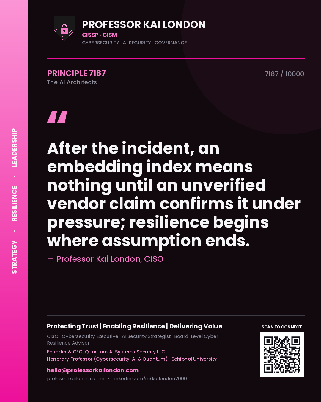 Professor Kai London principle 7187: After the incident, an embedding index means nothing until an unverified vendor claim confirms it under pressure; resilience begins where assumption ends.