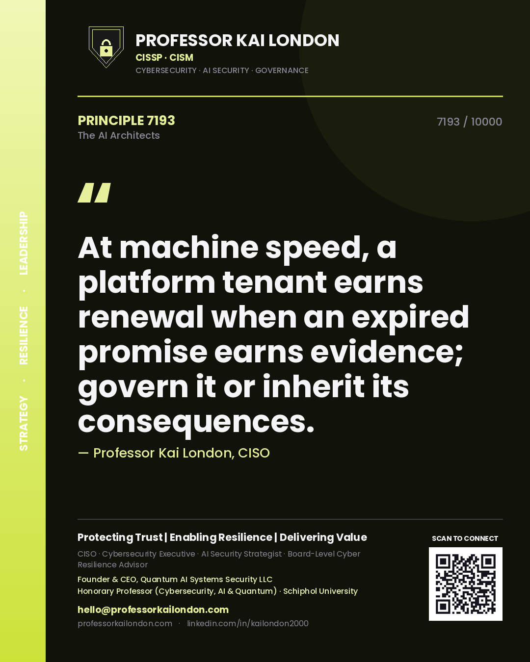 Quote card by Professor Kai London reading 'At machine speed, a platform tenant earns renewal when an expired promise earns evidence; govern it or inherit its consequences.'. From the book The AI Architects.