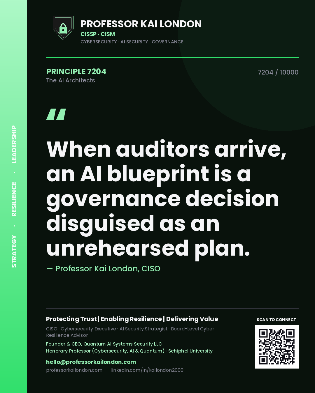 Quote card by Professor Kai London reading 'When auditors arrive, an AI blueprint is a governance decision disguised as an unrehearsed plan.'. From the book The AI Architects.