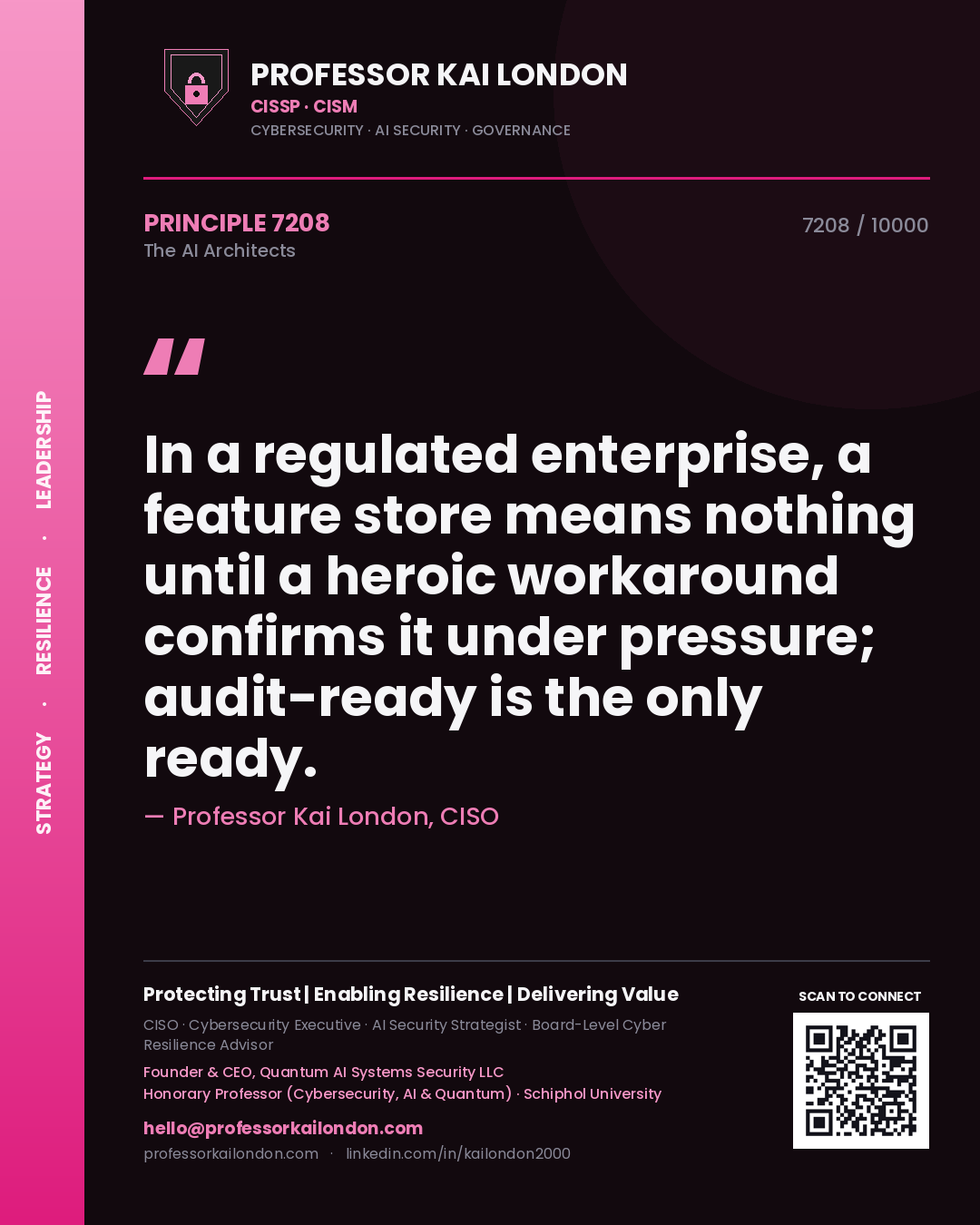Quote card by Professor Kai London reading 'In a regulated enterprise, a feature store means nothing until a heroic workaround confirms it under pressure; audit-ready is the only ready.'. From the book The AI Architects.