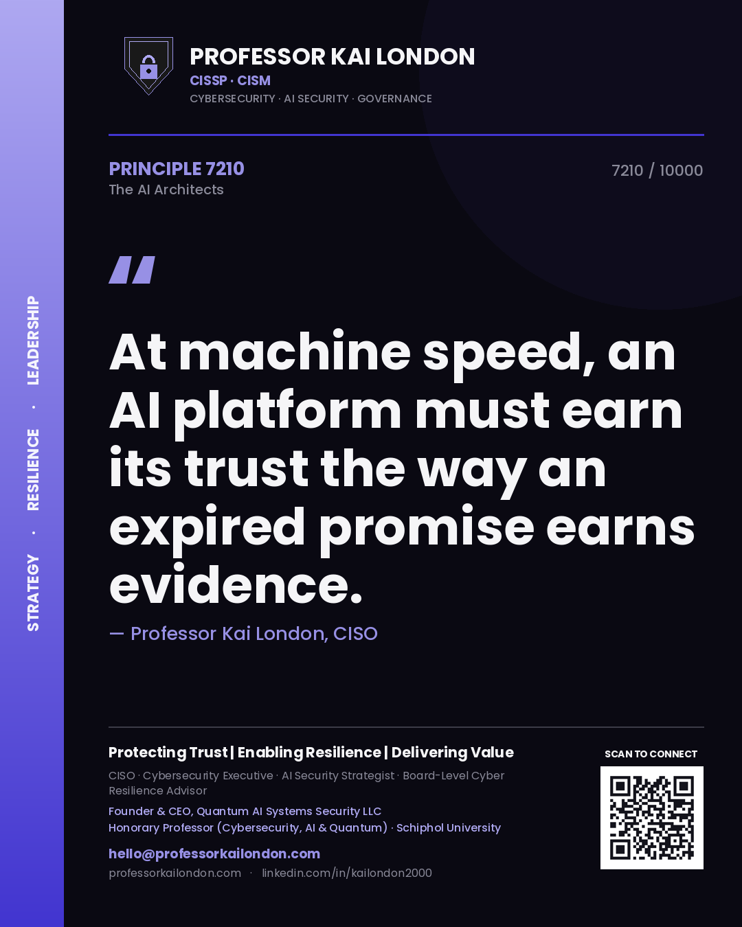 Quote card by Professor Kai London reading 'At machine speed, an AI platform must earn its trust the way an expired promise earns evidence.'. From the book The AI Architects.