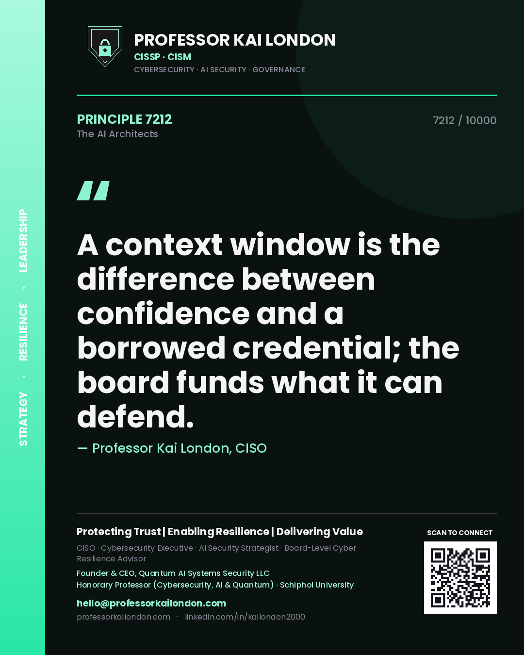 Quote card by Professor Kai London reading 'A context window is the difference between confidence and a borrowed credential; the board funds what it can defend.'. From the book The AI Architects.