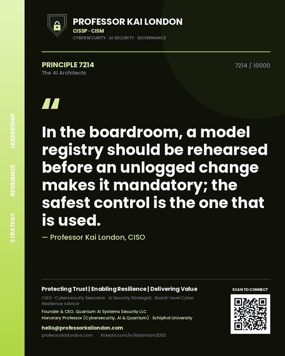 Quote card by Professor Kai London reading 'In the boardroom, a model registry should be rehearsed before an unlogged change makes it mandatory; the safest control is the one that is used.'. From the book The AI Architects.