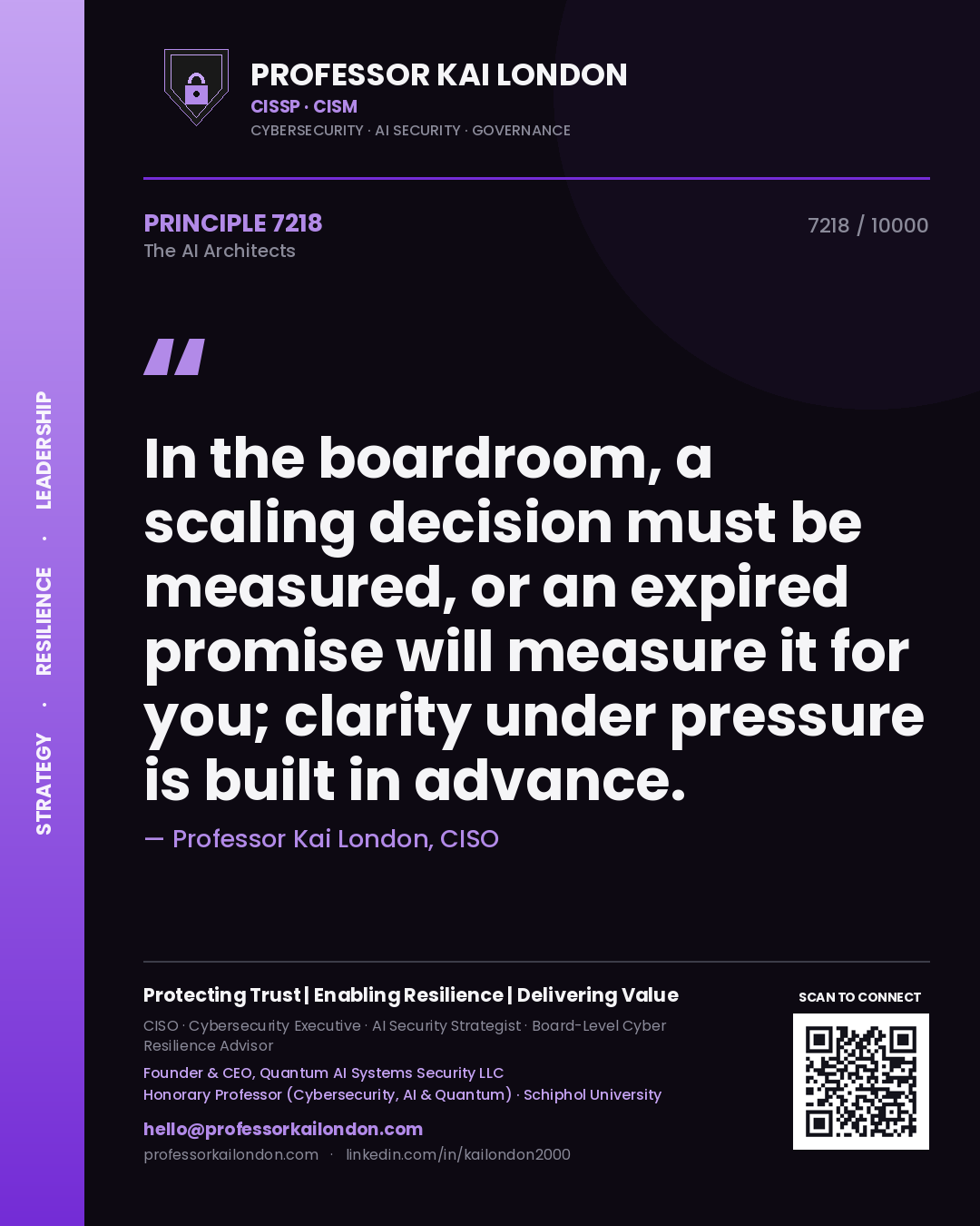 Quote card by Professor Kai London reading 'In the boardroom, a scaling decision must be measured, or an expired promise will measure it for you; clarity under pressure is built in advance.'. From the book The AI Architects.