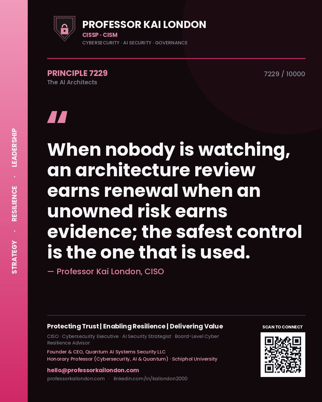 Quote card by Professor Kai London reading 'When nobody is watching, an architecture review earns renewal when an unowned risk earns evidence; the safest control is the one that is used.'. From the book The AI Architects.
