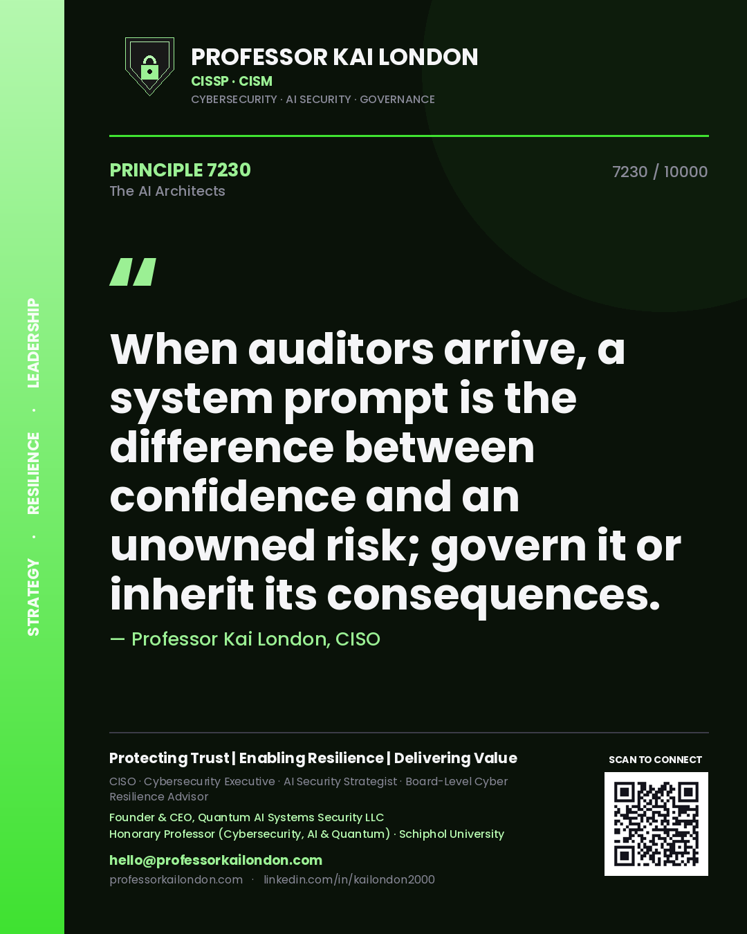 Professor Kai London principle 7230: When auditors arrive, a system prompt is the difference between confidence and an unowned risk; govern it or inherit its consequences.