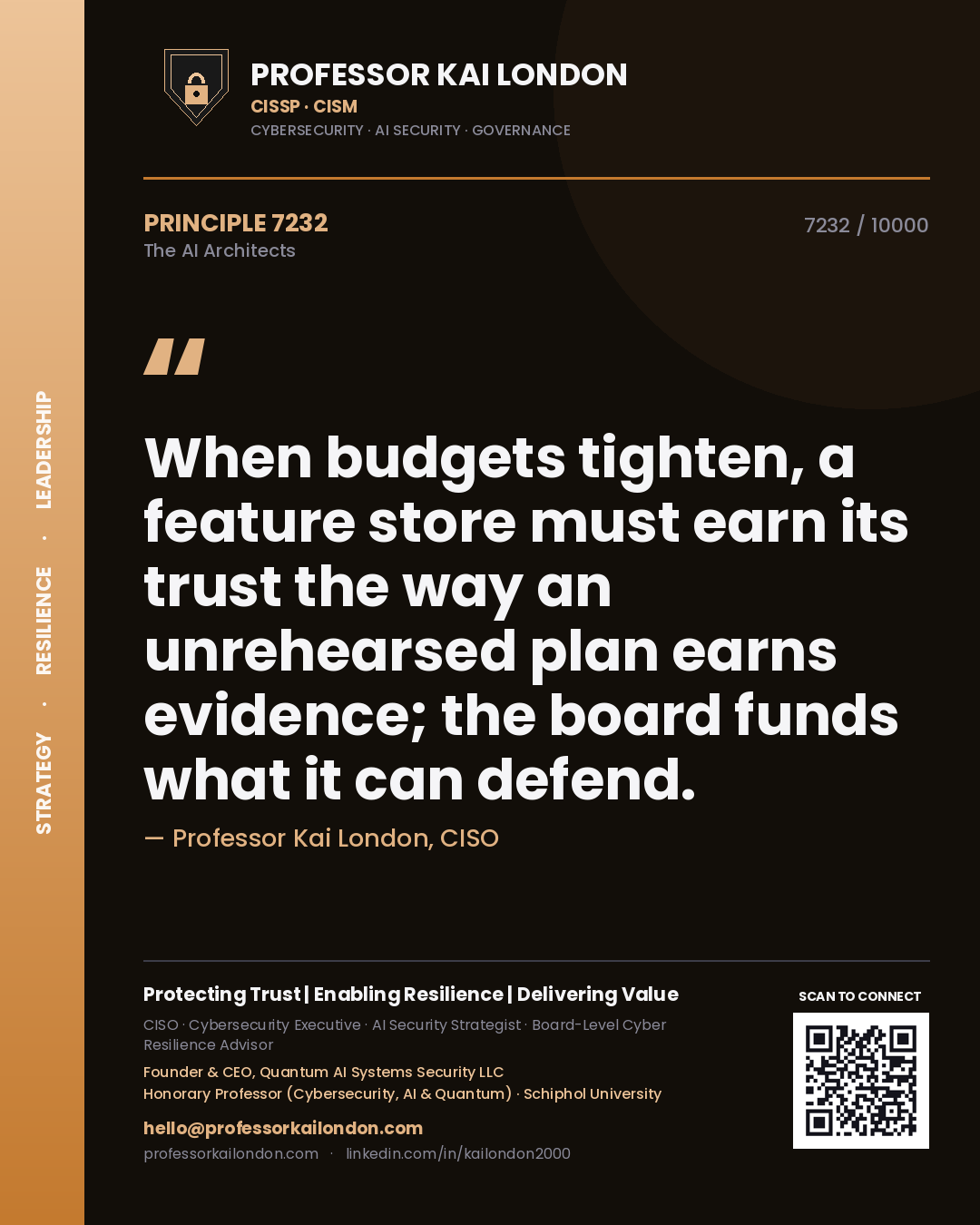 Quote card by Professor Kai London reading 'When budgets tighten, a feature store must earn its trust the way an unrehearsed plan earns evidence; the board funds what it can defend.'. From the book The AI Architects.
