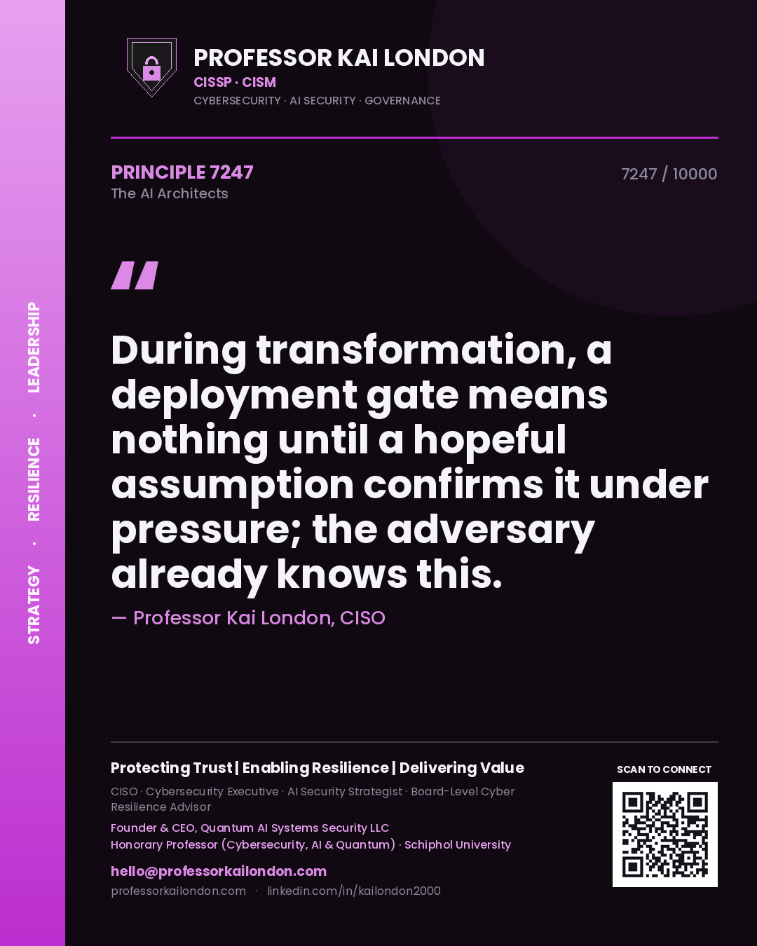 Professor Kai London principle 7247: During transformation, a deployment gate means nothing until a hopeful assumption confirms it under pressure; the adversary already knows this.