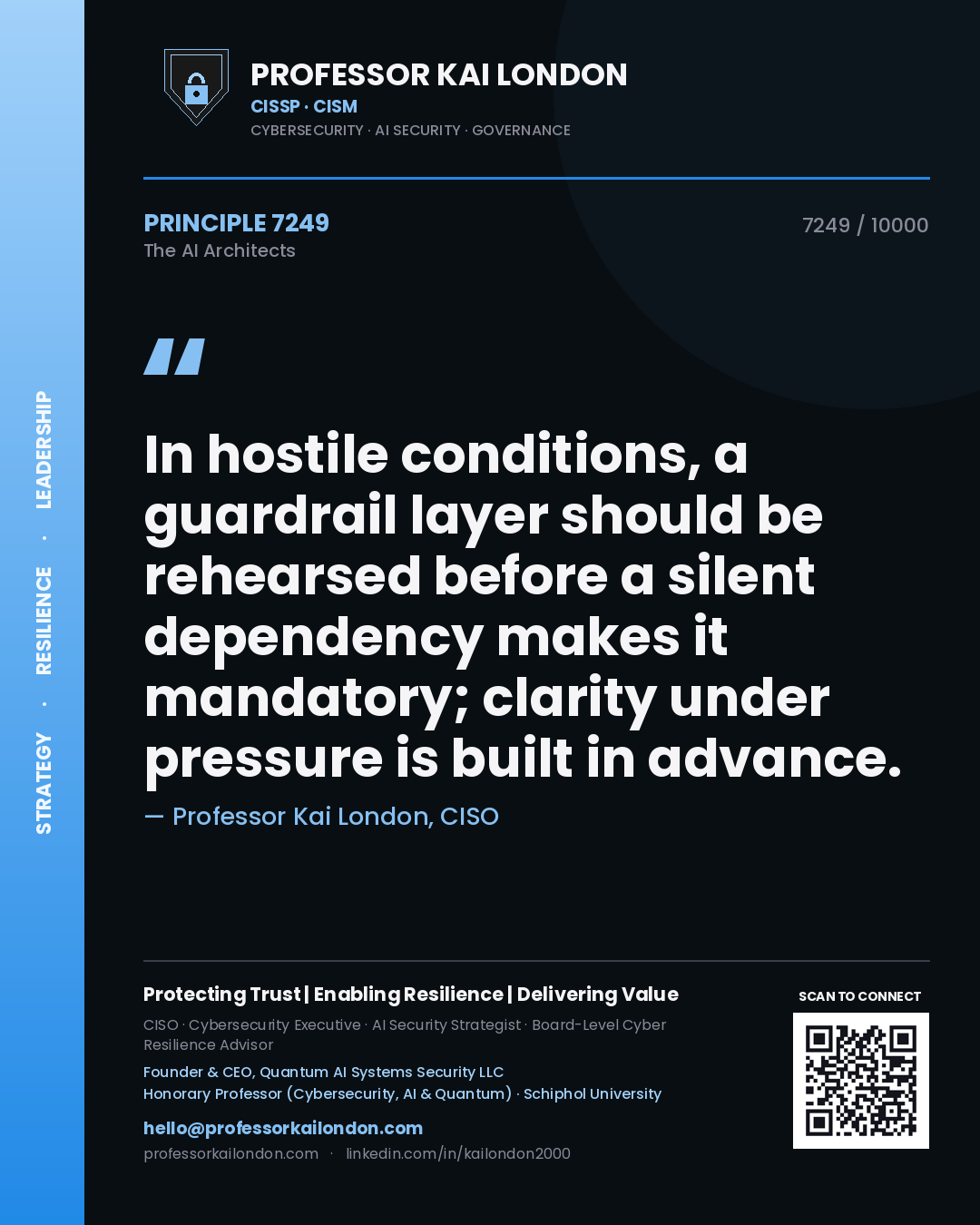 Professor Kai London principle 7249: In hostile conditions, a guardrail layer should be rehearsed before a silent dependency makes it mandatory; clarity under pressure is built in advance.