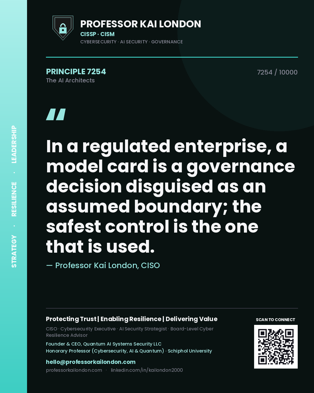 Quote card by Professor Kai London reading 'In a regulated enterprise, a model card is a governance decision disguised as an assumed boundary; the safest control is the one that is used.'. From the book The AI Architects.