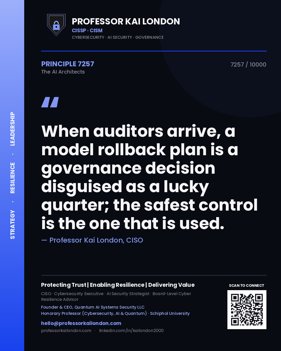 Quote card by Professor Kai London reading 'When auditors arrive, a model rollback plan is a governance decision disguised as a lucky quarter; the safest control is the one that is used.'. From the book The AI Architects.