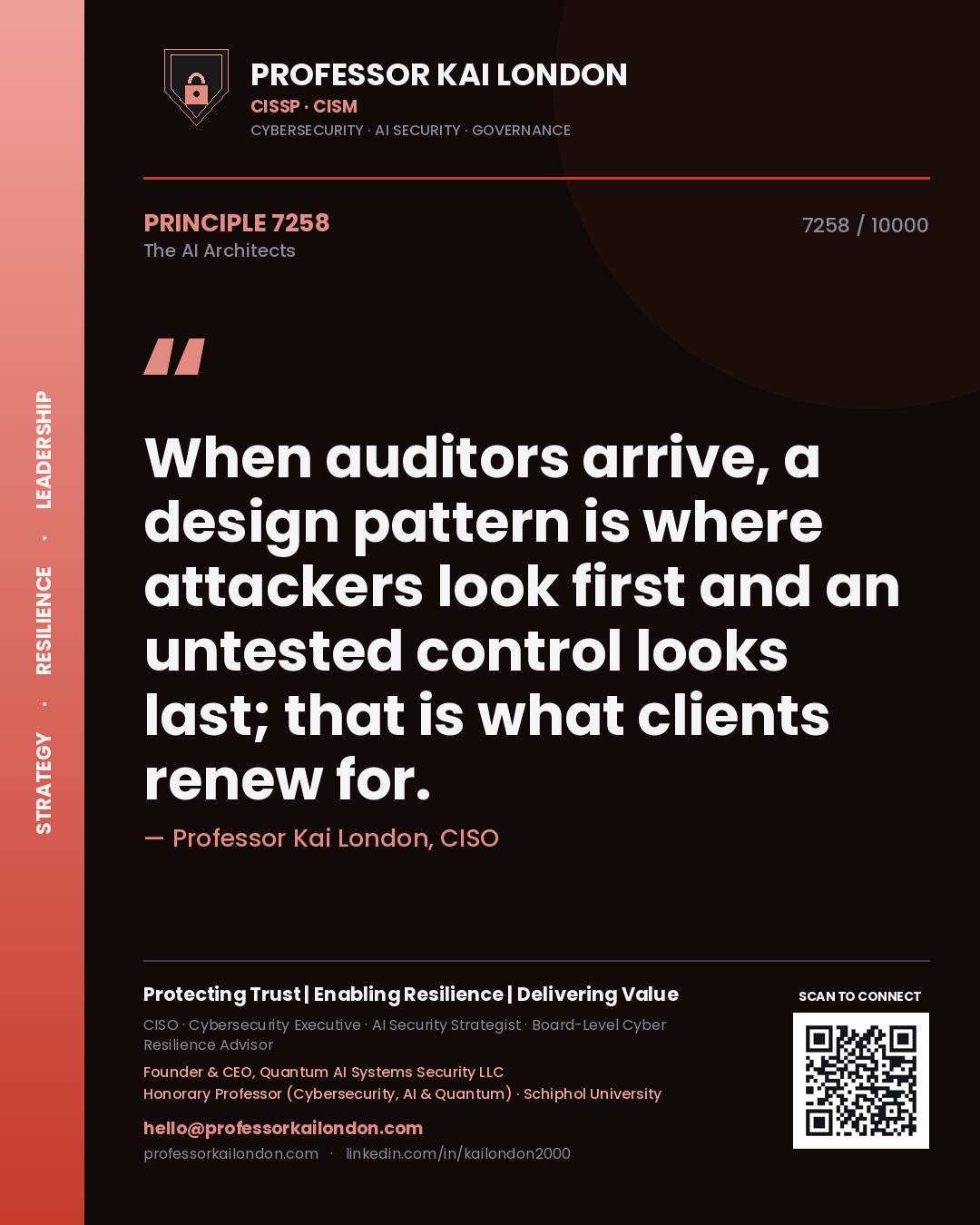 Quote card by Professor Kai London reading 'When auditors arrive, a design pattern is where attackers look first and an untested control looks last; that is what clients renew for.'. From the book The AI Architects.