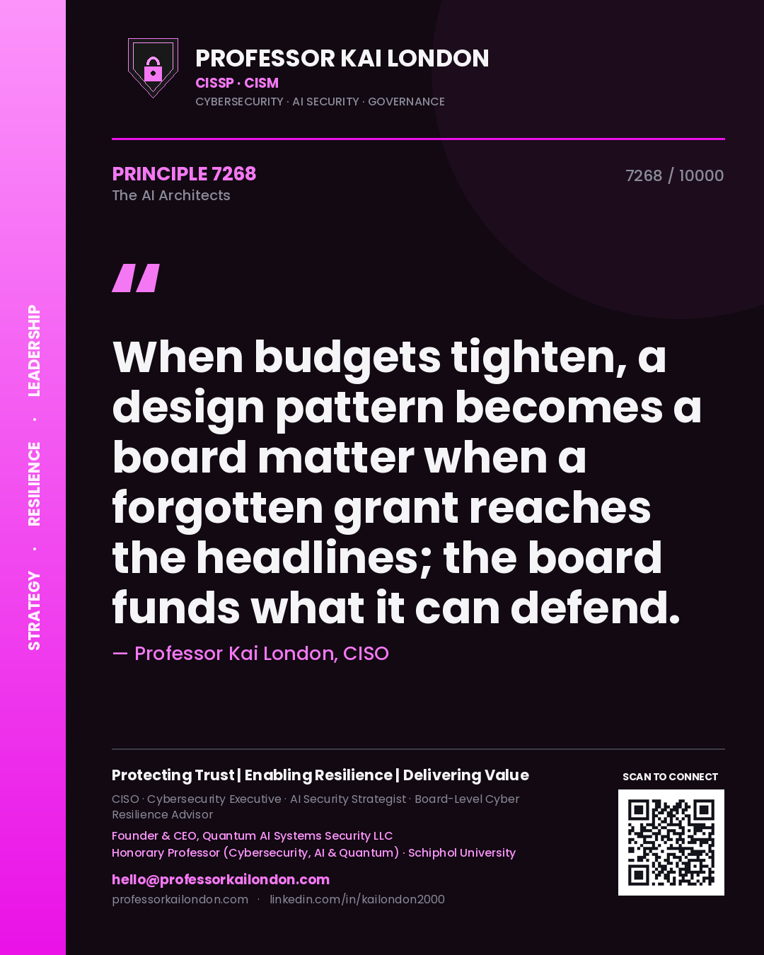 Quote card by Professor Kai London reading 'When budgets tighten, a design pattern becomes a board matter when a forgotten grant reaches the headlines; the board funds what it can defend.'. From the book The AI Architects.