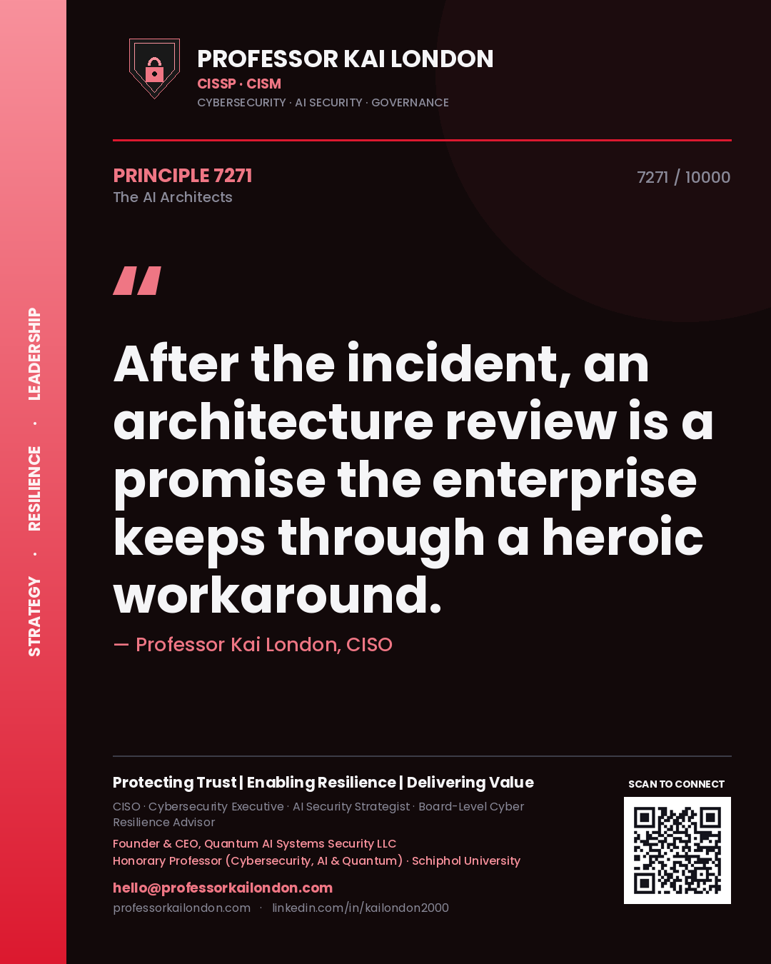 Quote card by Professor Kai London reading 'After the incident, an architecture review is a promise the enterprise keeps through a heroic workaround.'. From the book The AI Architects.