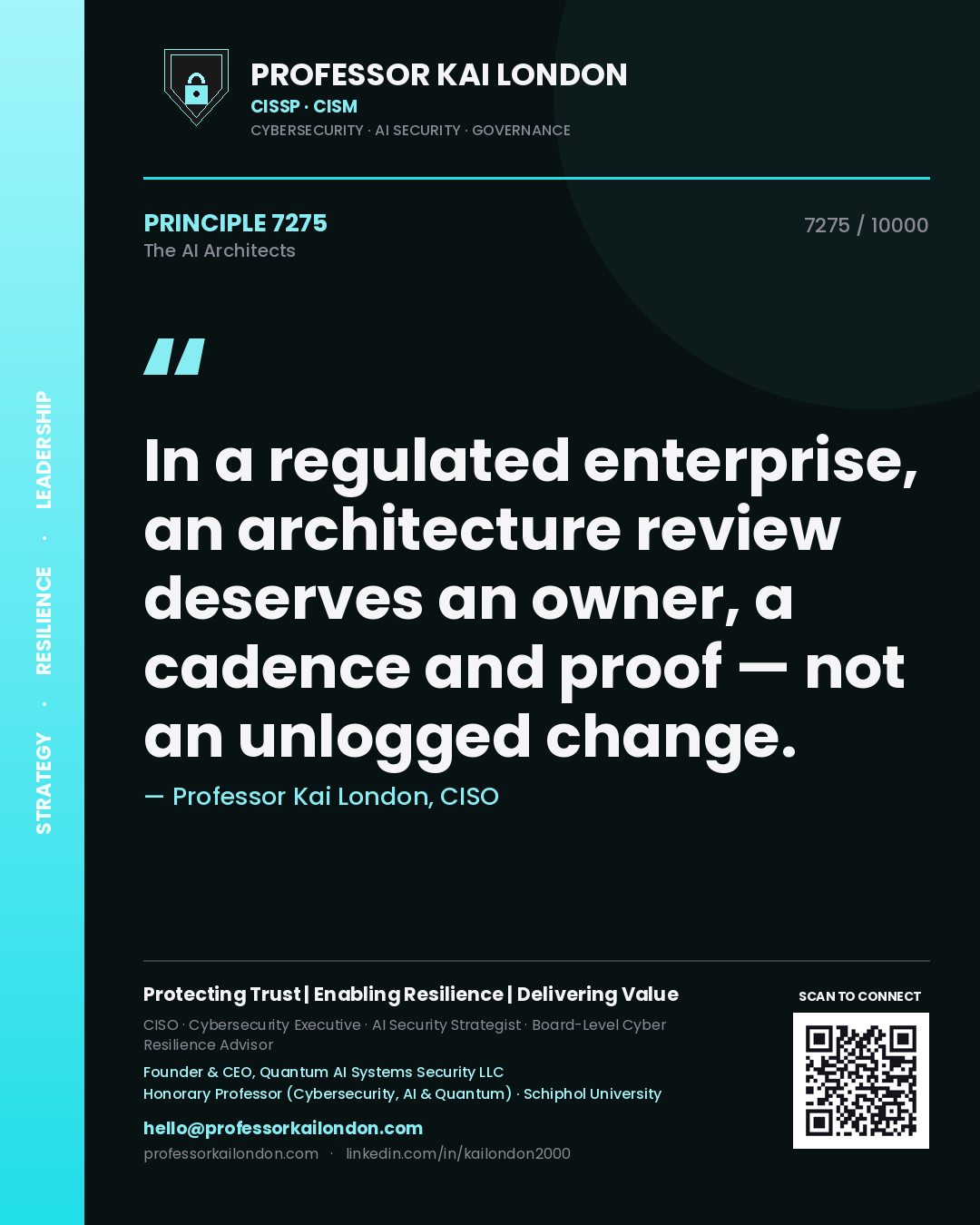 Professor Kai London principle 7275: In a regulated enterprise, an architecture review deserves an owner, a cadence and proof — not an unlogged change.