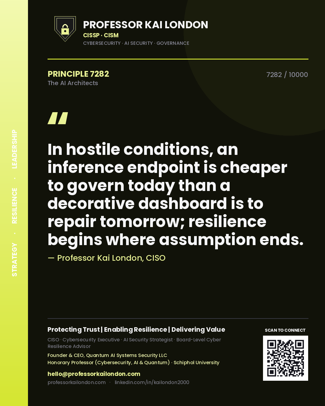 Quote card by Professor Kai London reading 'In hostile conditions, an inference endpoint is cheaper to govern today than a decorative dashboard is to repair tomorrow; resilience begins where assumption ends.'. From the book The AI Architects.