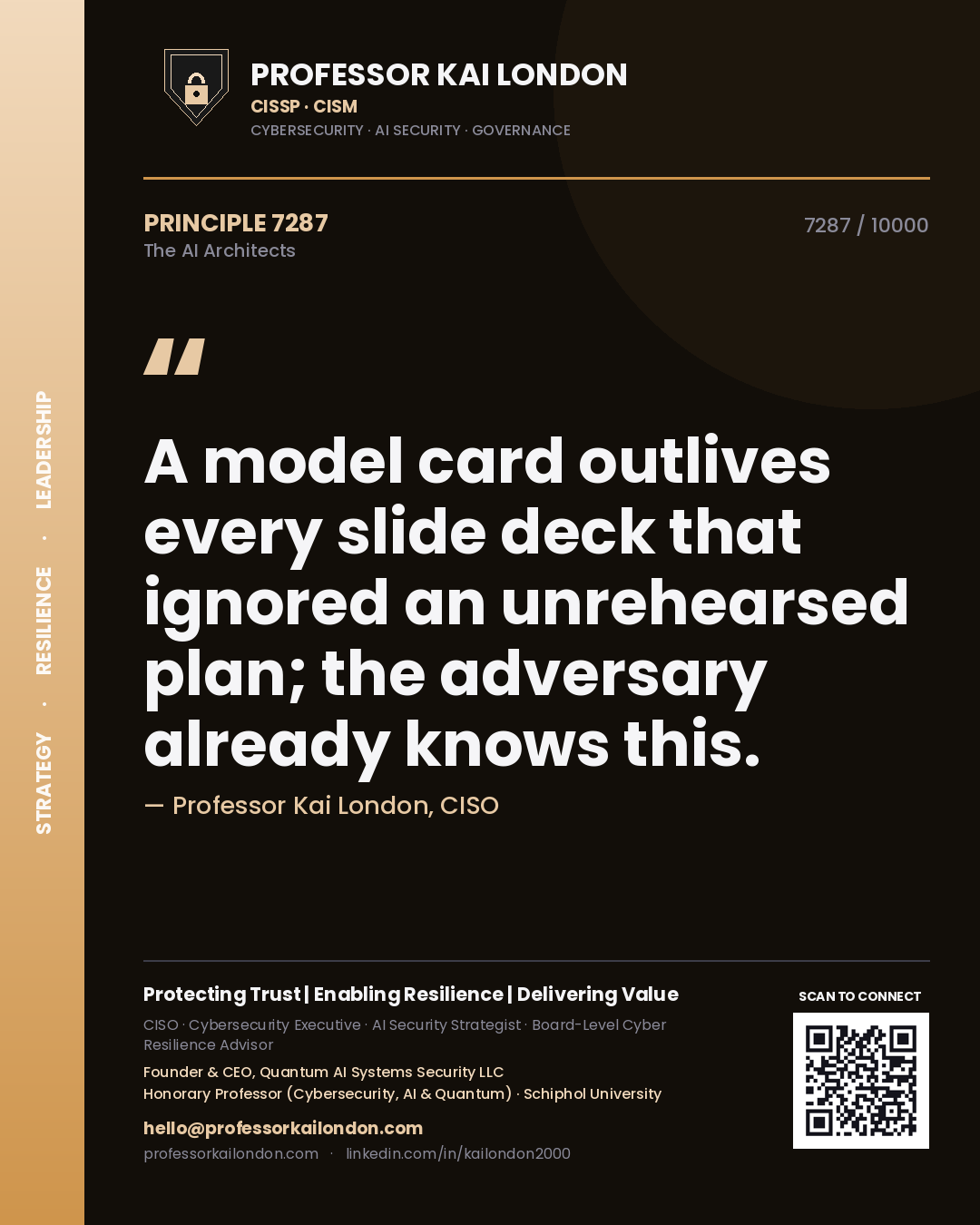 Professor Kai London principle 7287: A model card outlives every slide deck that ignored an unrehearsed plan; the adversary already knows this.