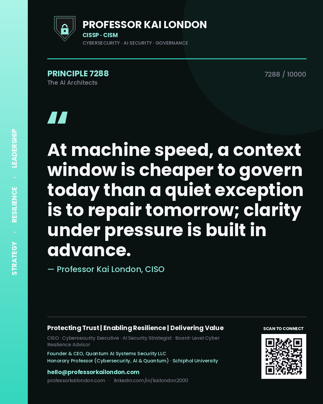 Quote card by Professor Kai London reading 'At machine speed, a context window is cheaper to govern today than a quiet exception is to repair tomorrow; clarity under pressure is built in advance.'. From the book The AI Architects.