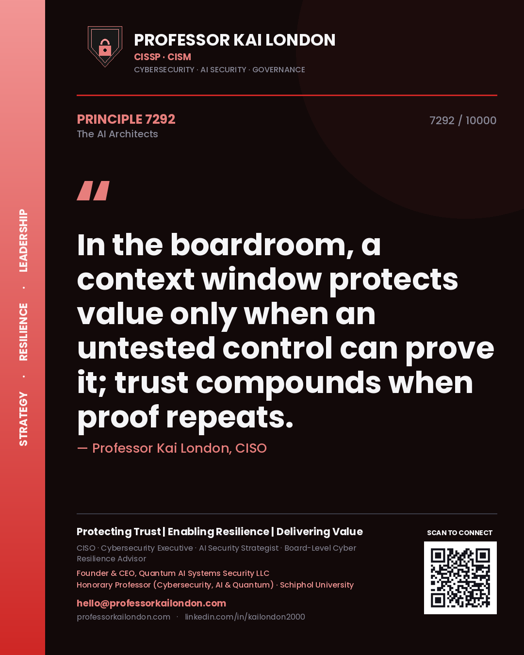 Professor Kai London principle 7292: In the boardroom, a context window protects value only when an untested control can prove it; trust compounds when proof repeats.