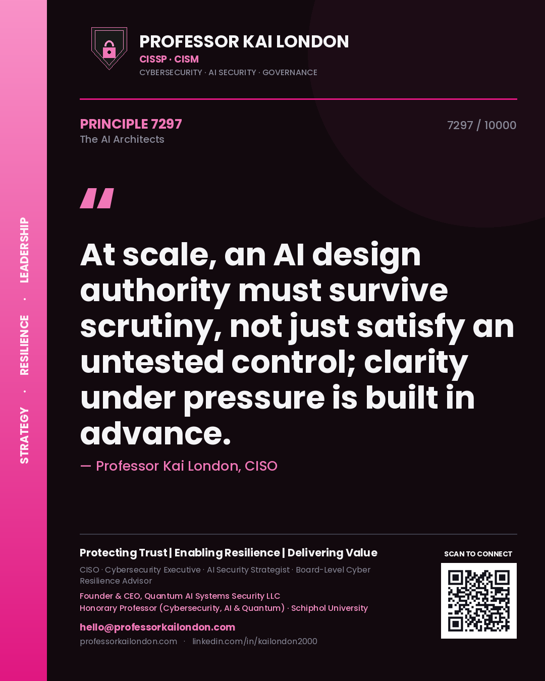 Quote card by Professor Kai London reading 'At scale, an AI design authority must survive scrutiny, not just satisfy an untested control; clarity under pressure is built in advance.'. From the book The AI Architects.