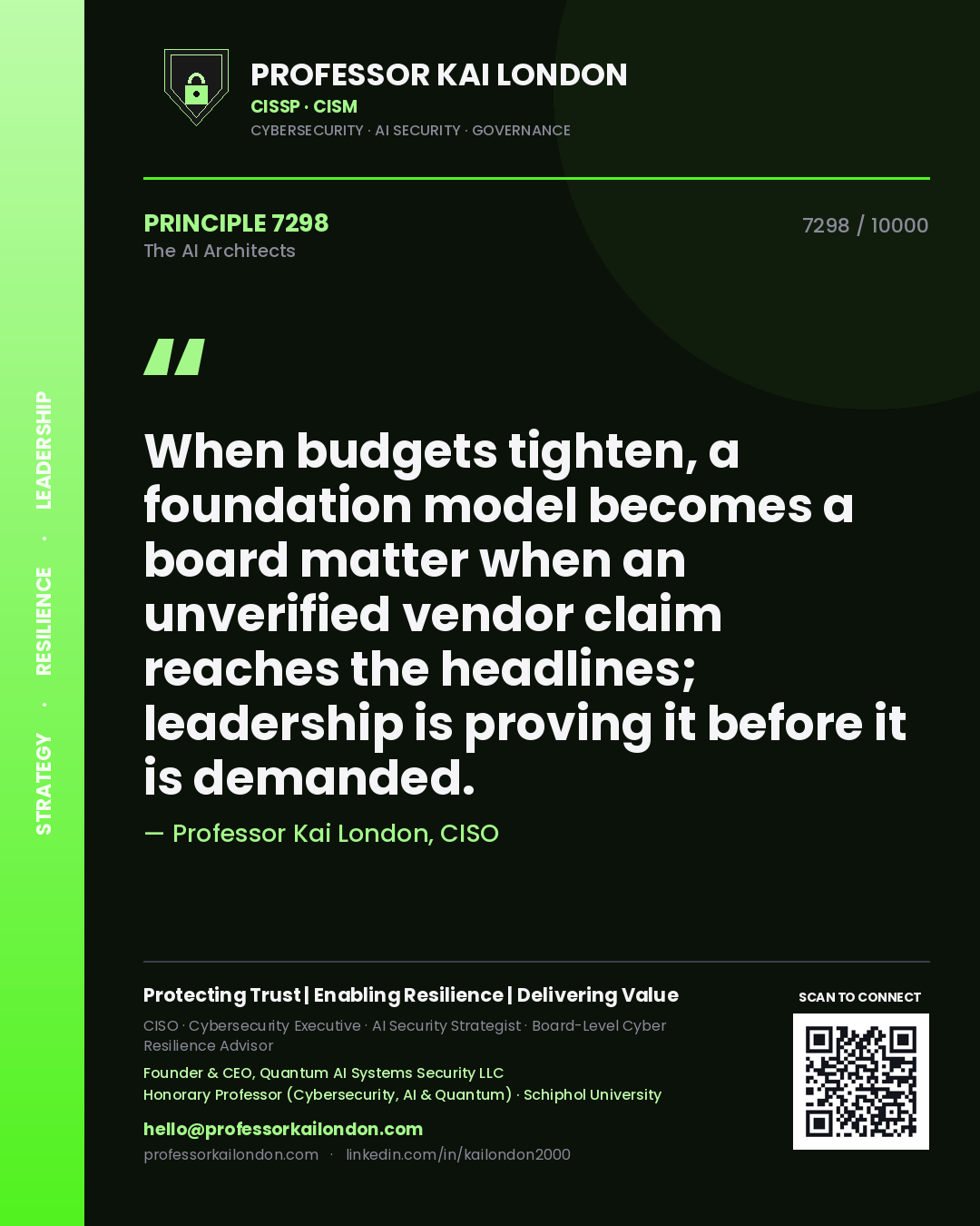 Quote card by Professor Kai London reading 'When budgets tighten, a foundation model becomes a board matter when an unverified vendor claim reaches the headlines; leadership is proving it before it is demanded.'. From the book The AI Architects.