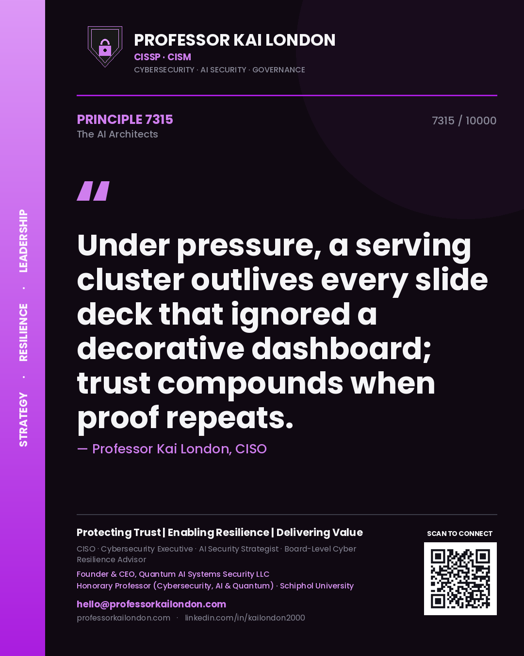 Professor Kai London principle 7315: Under pressure, a serving cluster outlives every slide deck that ignored a decorative dashboard; trust compounds when proof repeats.