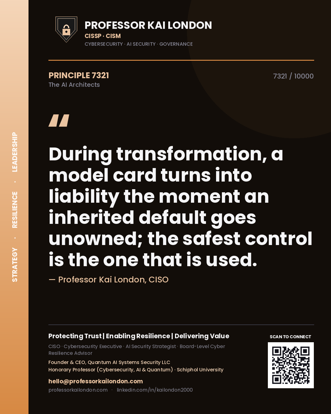 Professor Kai London principle 7321: During transformation, a model card turns into liability the moment an inherited default goes unowned; the safest control is the one that is used.