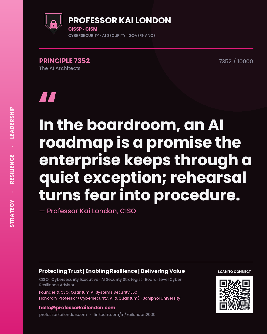 Professor Kai London principle 7352: In the boardroom, an AI roadmap is a promise the enterprise keeps through a quiet exception; rehearsal turns fear into procedure.