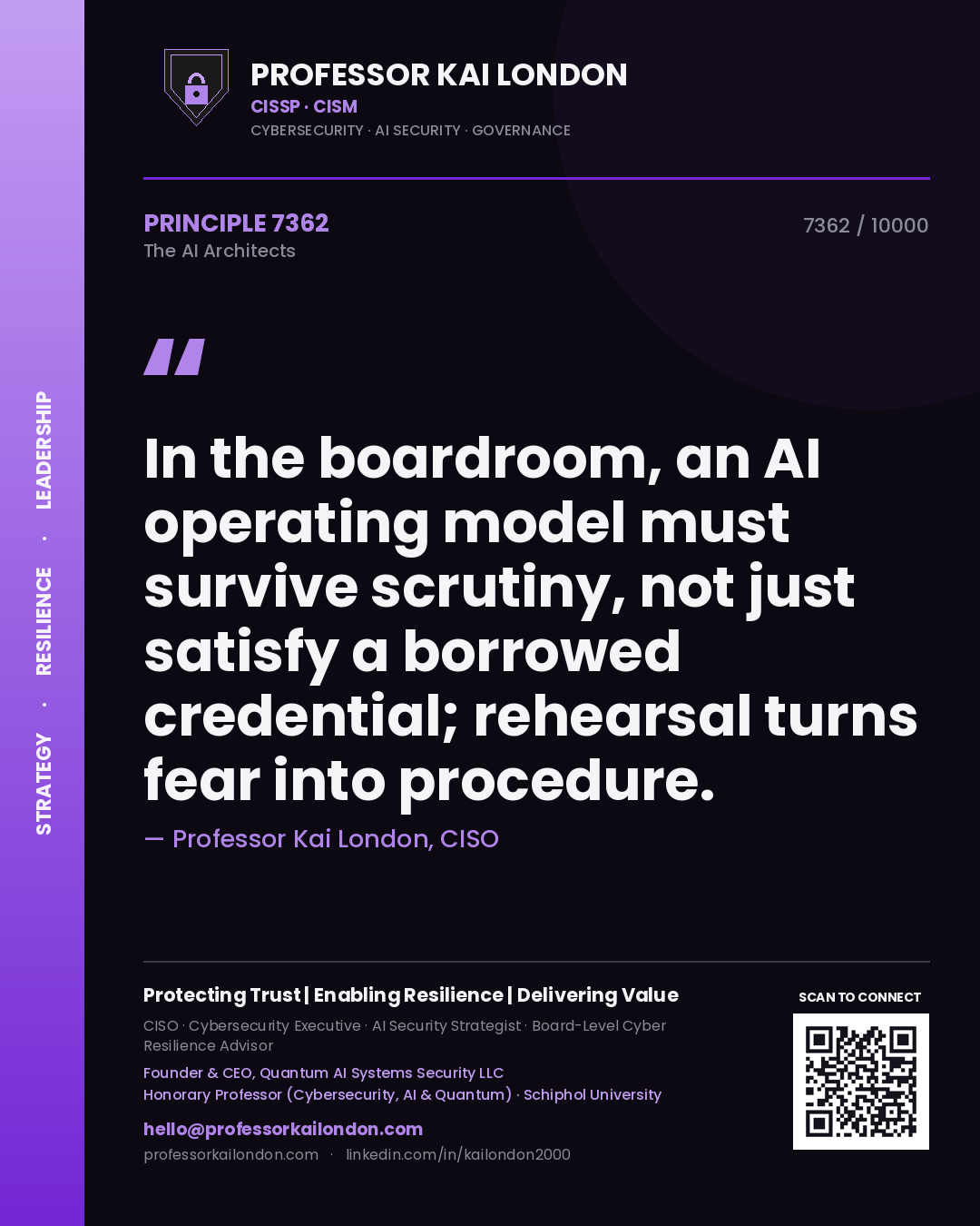 Quote card by Professor Kai London reading 'In the boardroom, an AI operating model must survive scrutiny, not just satisfy a borrowed credential; rehearsal turns fear into procedure.'. From the book The AI Architects.