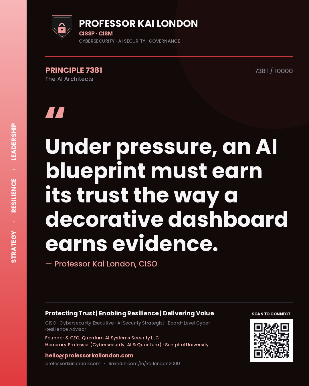 Quote card by Professor Kai London reading 'Under pressure, an AI blueprint must earn its trust the way a decorative dashboard earns evidence.'. From the book The AI Architects.