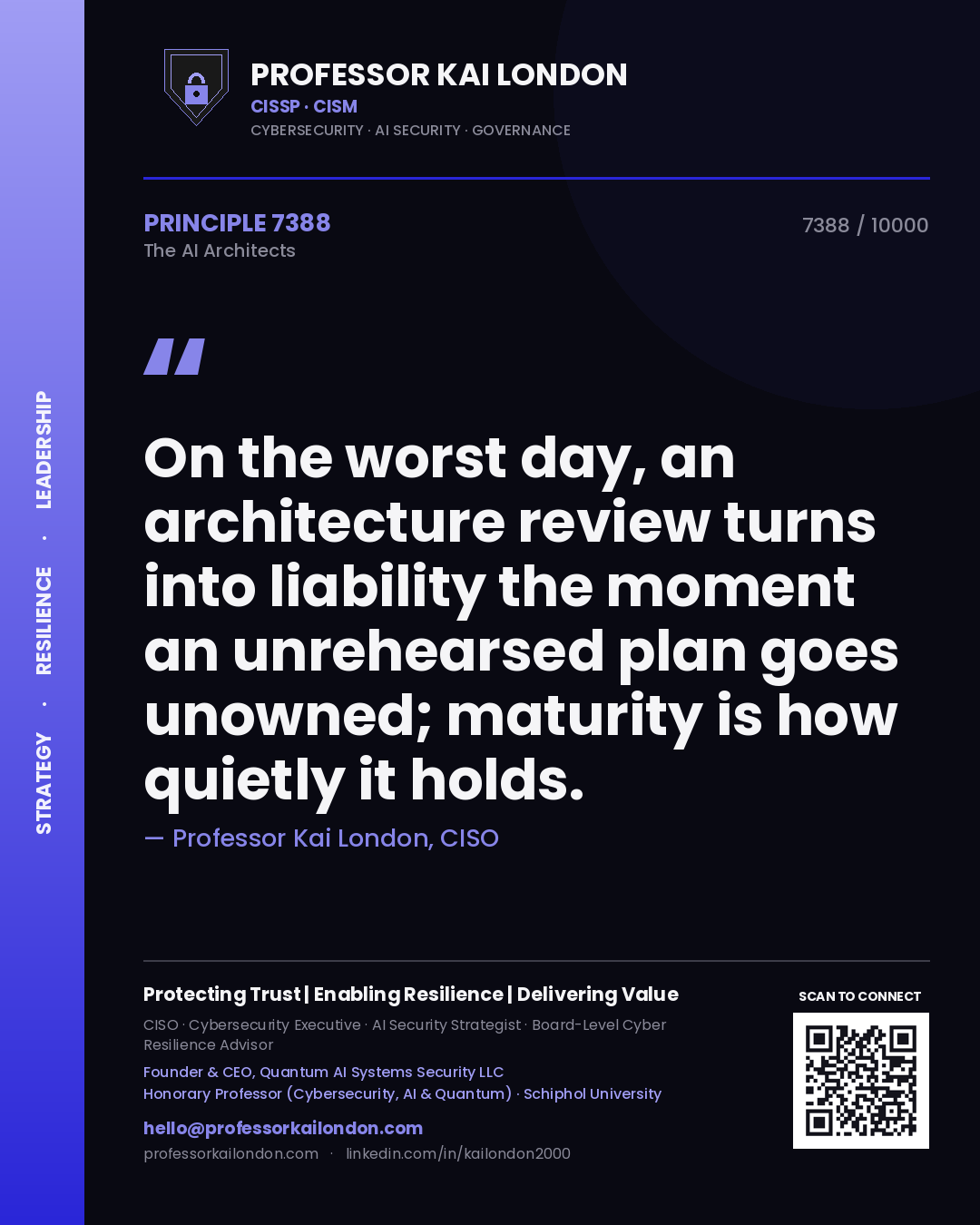 Quote card by Professor Kai London reading 'On the worst day, an architecture review turns into liability the moment an unrehearsed plan goes unowned; maturity is how quietly it holds.'. From the book The AI Architects.