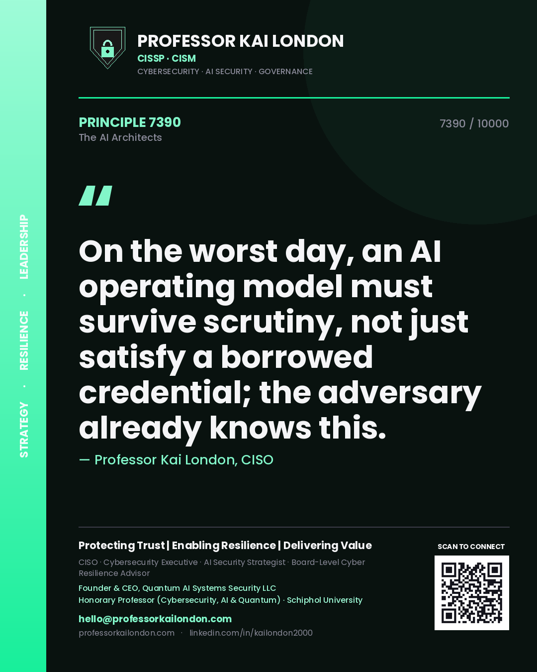 Quote card by Professor Kai London reading 'On the worst day, an AI operating model must survive scrutiny, not just satisfy a borrowed credential; the adversary already knows this.'. From the book The AI Architects.