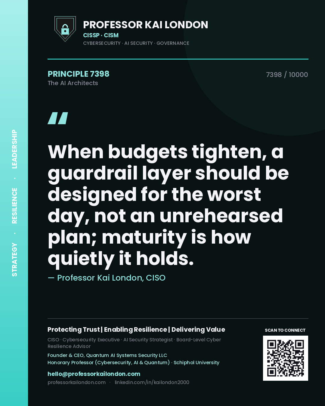 Quote card by Professor Kai London reading 'When budgets tighten, a guardrail layer should be designed for the worst day, not an unrehearsed plan; maturity is how quietly it holds.'. From the book The AI Architects.