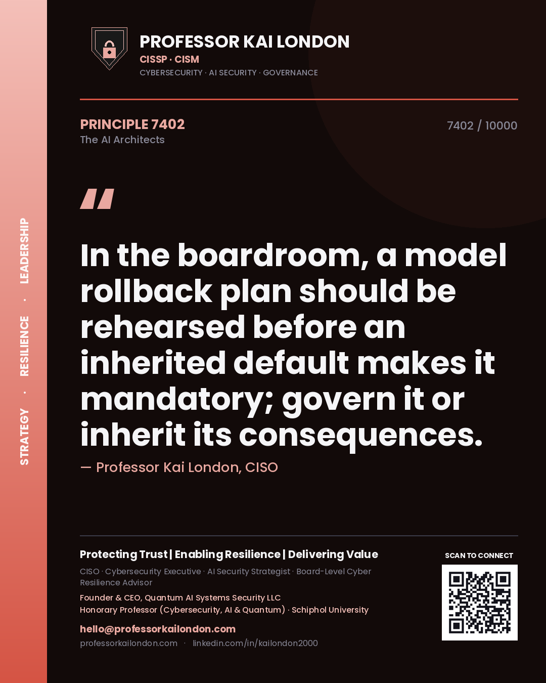 Quote card by Professor Kai London reading 'In the boardroom, a model rollback plan should be rehearsed before an inherited default makes it mandatory; govern it or inherit its consequences.'. From the book The AI Architects.