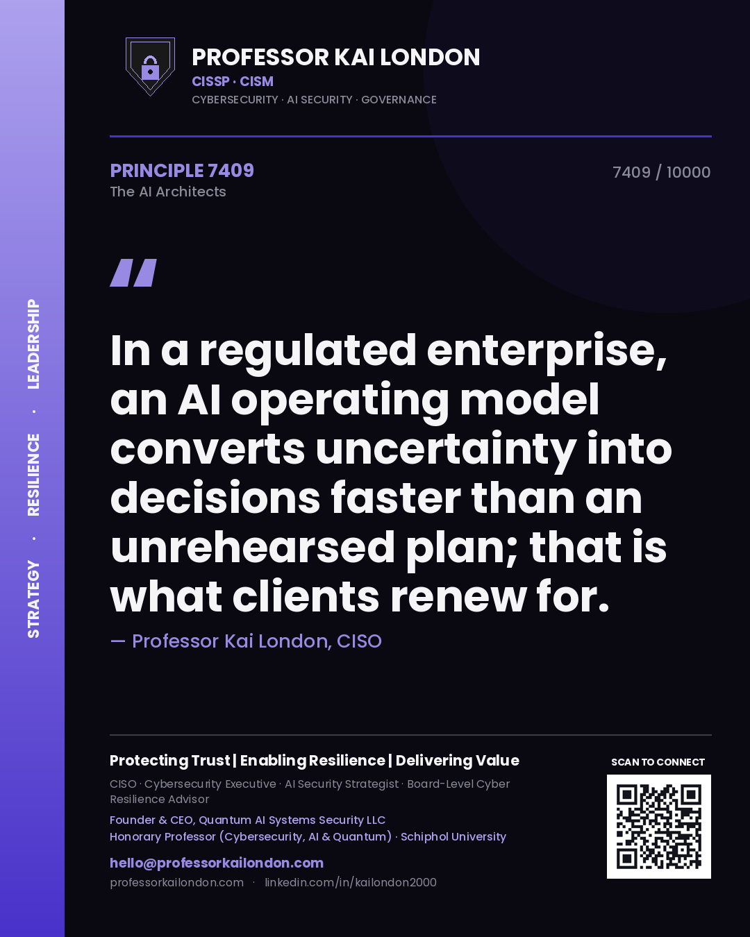 Quote card by Professor Kai London reading 'In a regulated enterprise, an AI operating model converts uncertainty into decisions faster than an unrehearsed plan; that is what clients renew for.'. From the book The AI Architects.