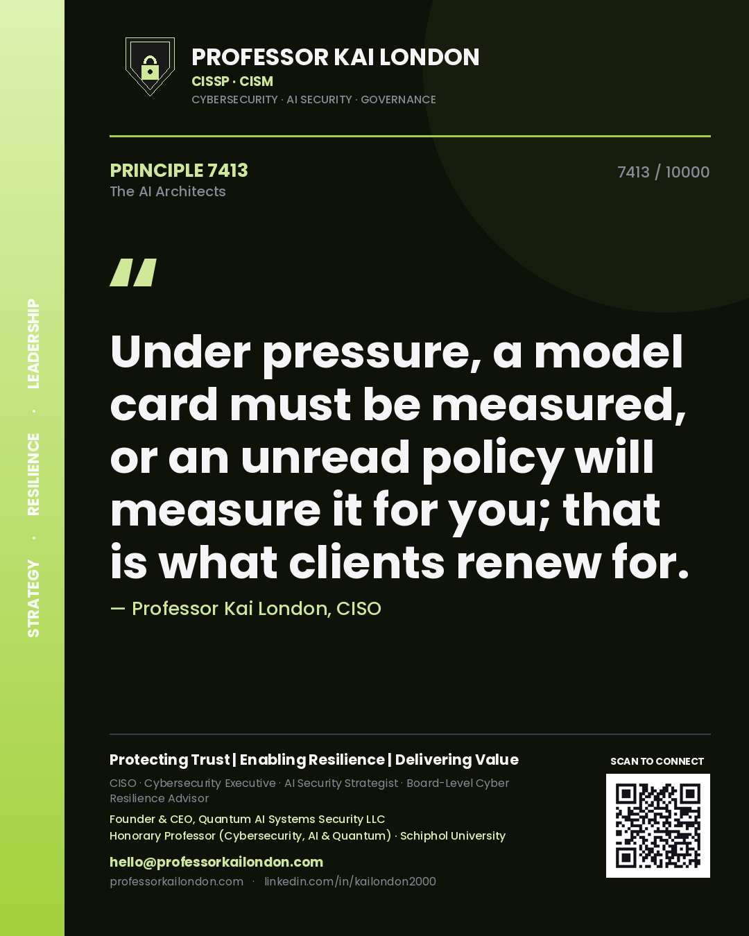 Quote card by Professor Kai London reading 'Under pressure, a model card must be measured, or an unread policy will measure it for you; that is what clients renew for.'. From the book The AI Architects.