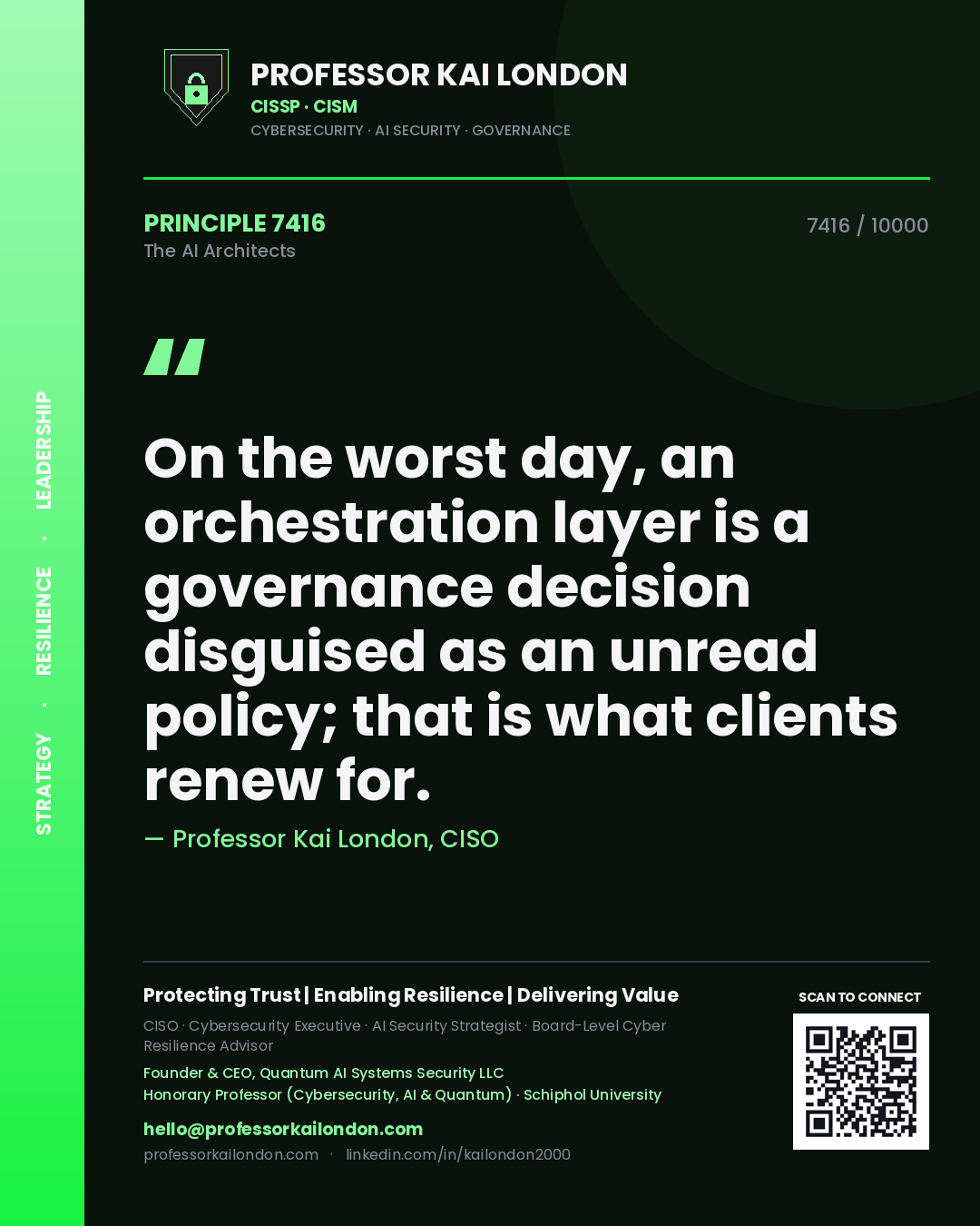 Quote card by Professor Kai London reading 'On the worst day, an orchestration layer is a governance decision disguised as an unread policy; that is what clients renew for.'. From the book The AI Architects.