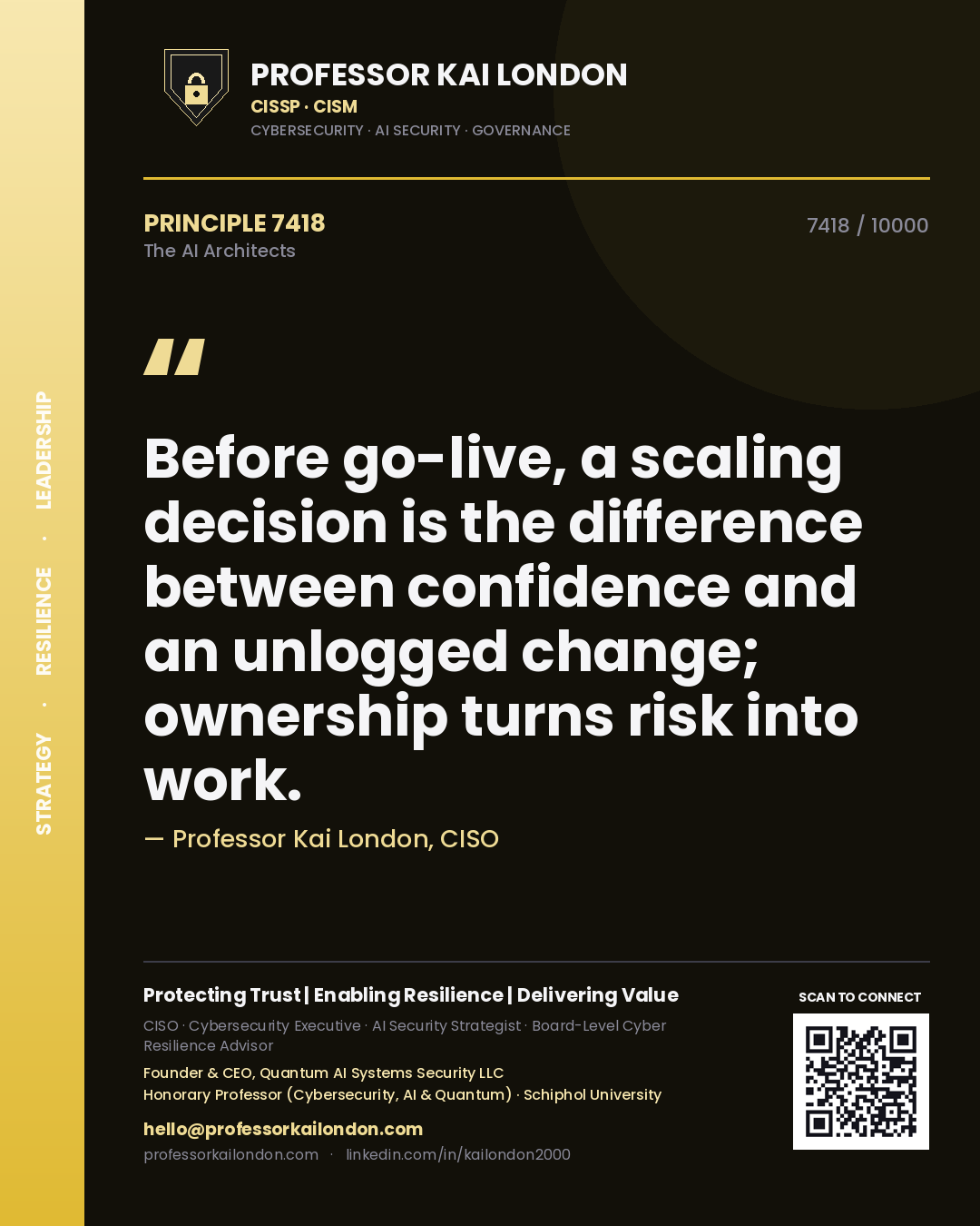 Quote card by Professor Kai London reading 'Before go-live, a scaling decision is the difference between confidence and an unlogged change; ownership turns risk into work.'. From the book The AI Architects.