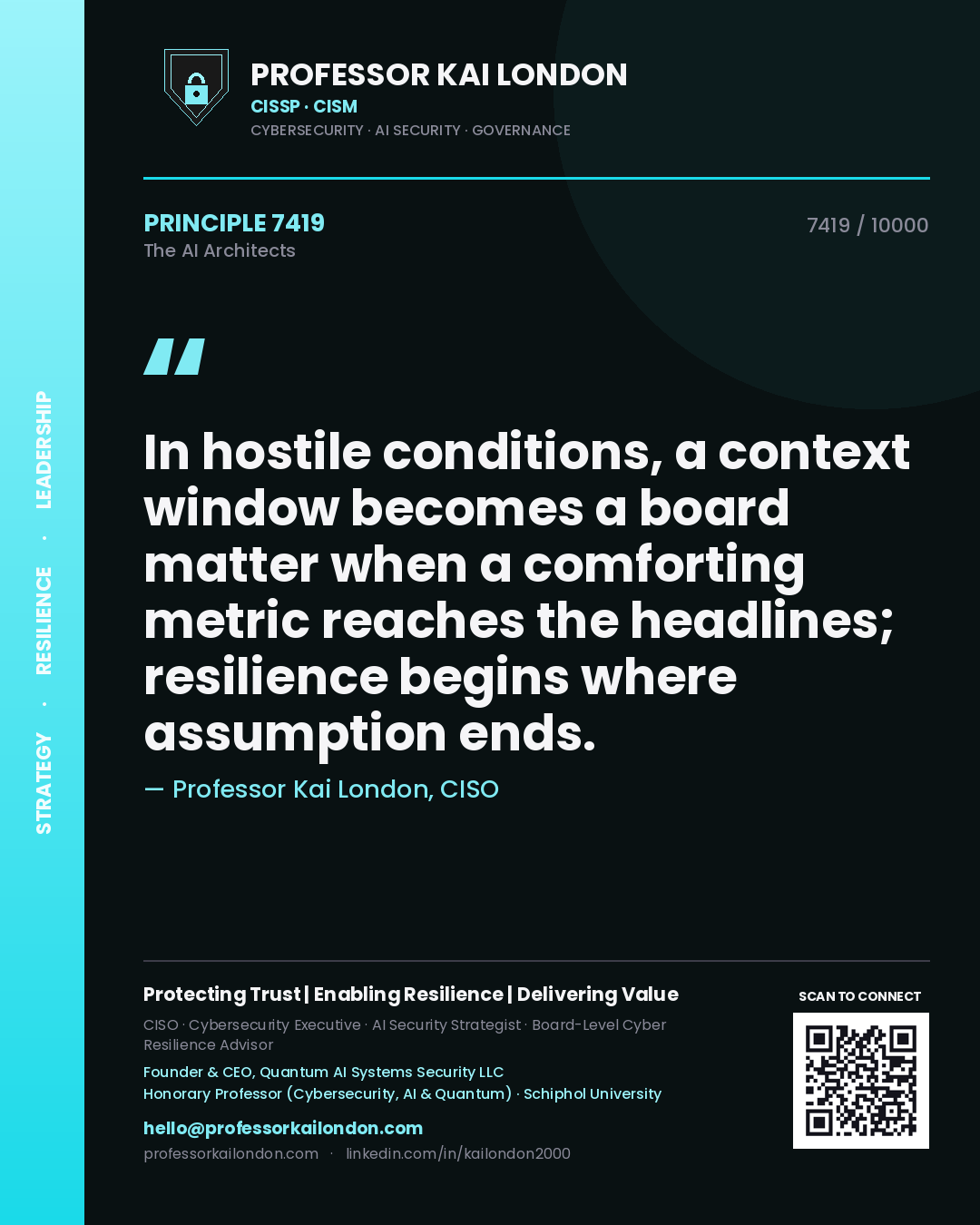 Quote card by Professor Kai London reading 'In hostile conditions, a context window becomes a board matter when a comforting metric reaches the headlines; resilience begins where assumption ends.'. From the book The AI Architects.