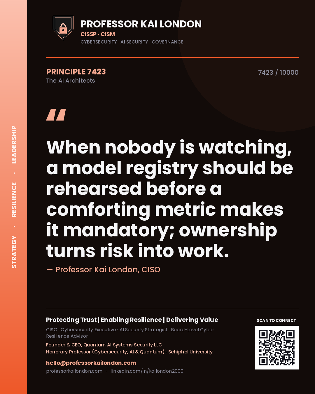 Quote card by Professor Kai London reading 'When nobody is watching, a model registry should be rehearsed before a comforting metric makes it mandatory; ownership turns risk into work.'. From the book The AI Architects.