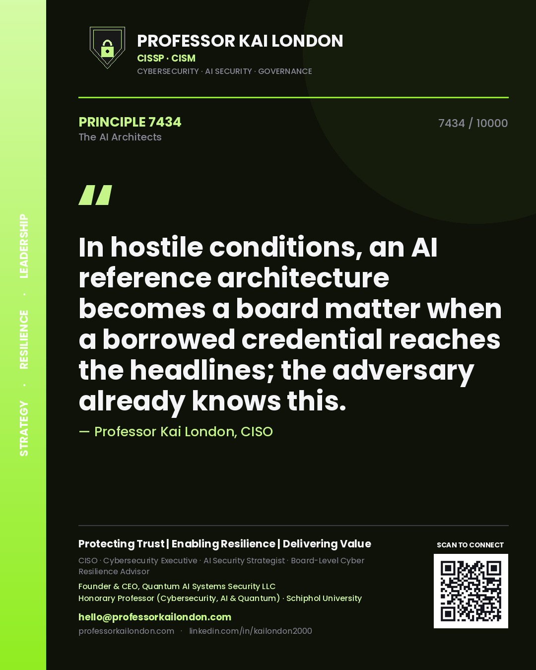 Quote card by Professor Kai London reading 'In hostile conditions, an AI reference architecture becomes a board matter when a borrowed credential reaches the headlines; the adversary already knows this.'. From the book The AI Architects.