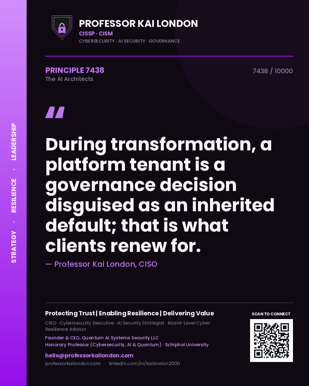 Quote card by Professor Kai London reading 'During transformation, a platform tenant is a governance decision disguised as an inherited default; that is what clients renew for.'. From the book The AI Architects.