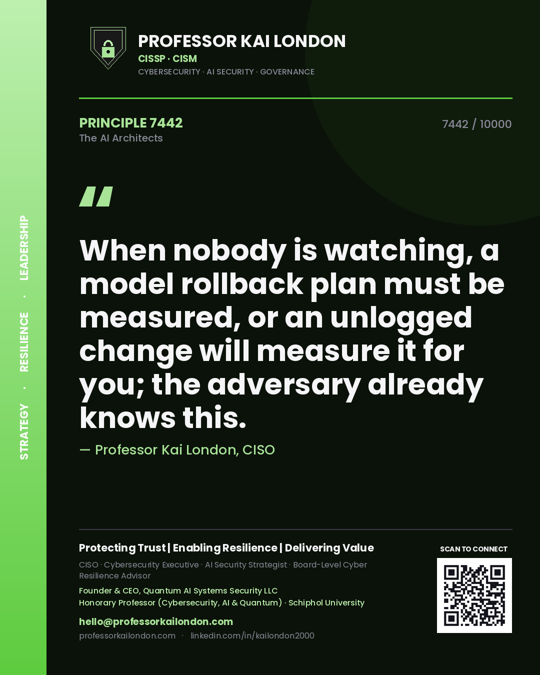 Quote card by Professor Kai London reading 'When nobody is watching, a model rollback plan must be measured, or an unlogged change will measure it for you; the adversary already knows this.'. From the book The AI Architects.