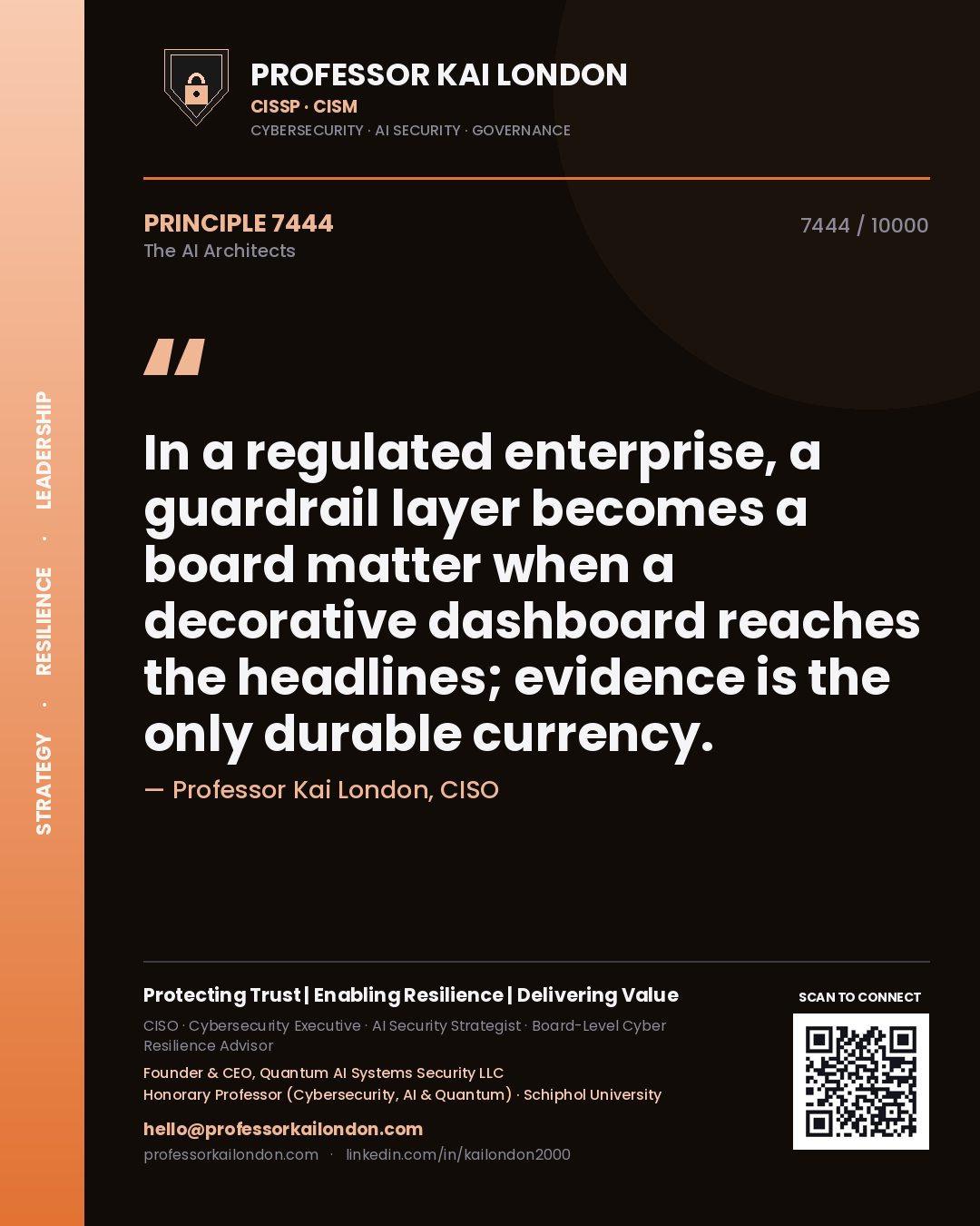 Quote card by Professor Kai London reading 'In a regulated enterprise, a guardrail layer becomes a board matter when a decorative dashboard reaches the headlines; evidence is the only durable currency.'. From the book The AI Architects.