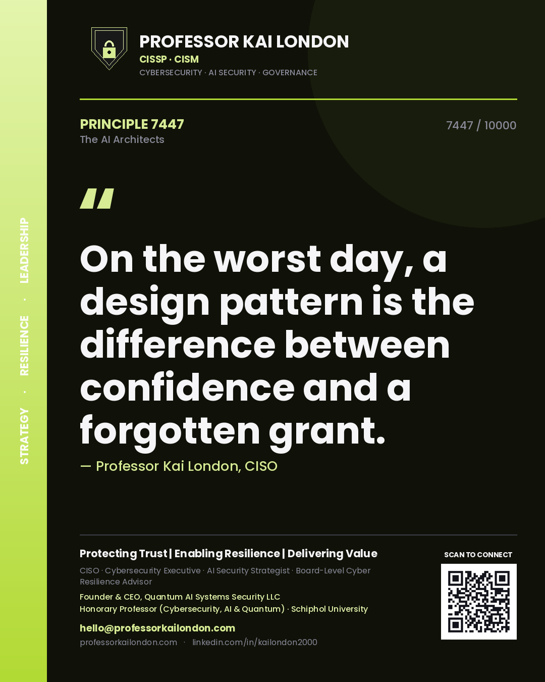 Quote card by Professor Kai London reading 'On the worst day, a design pattern is the difference between confidence and a forgotten grant.'. From the book The AI Architects.