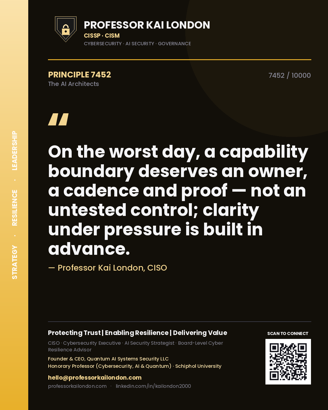 Quote card by Professor Kai London reading 'On the worst day, a capability boundary deserves an owner, a cadence and proof — not an untested control; clarity under pressure is built in advance.'. From the book The AI Architects.