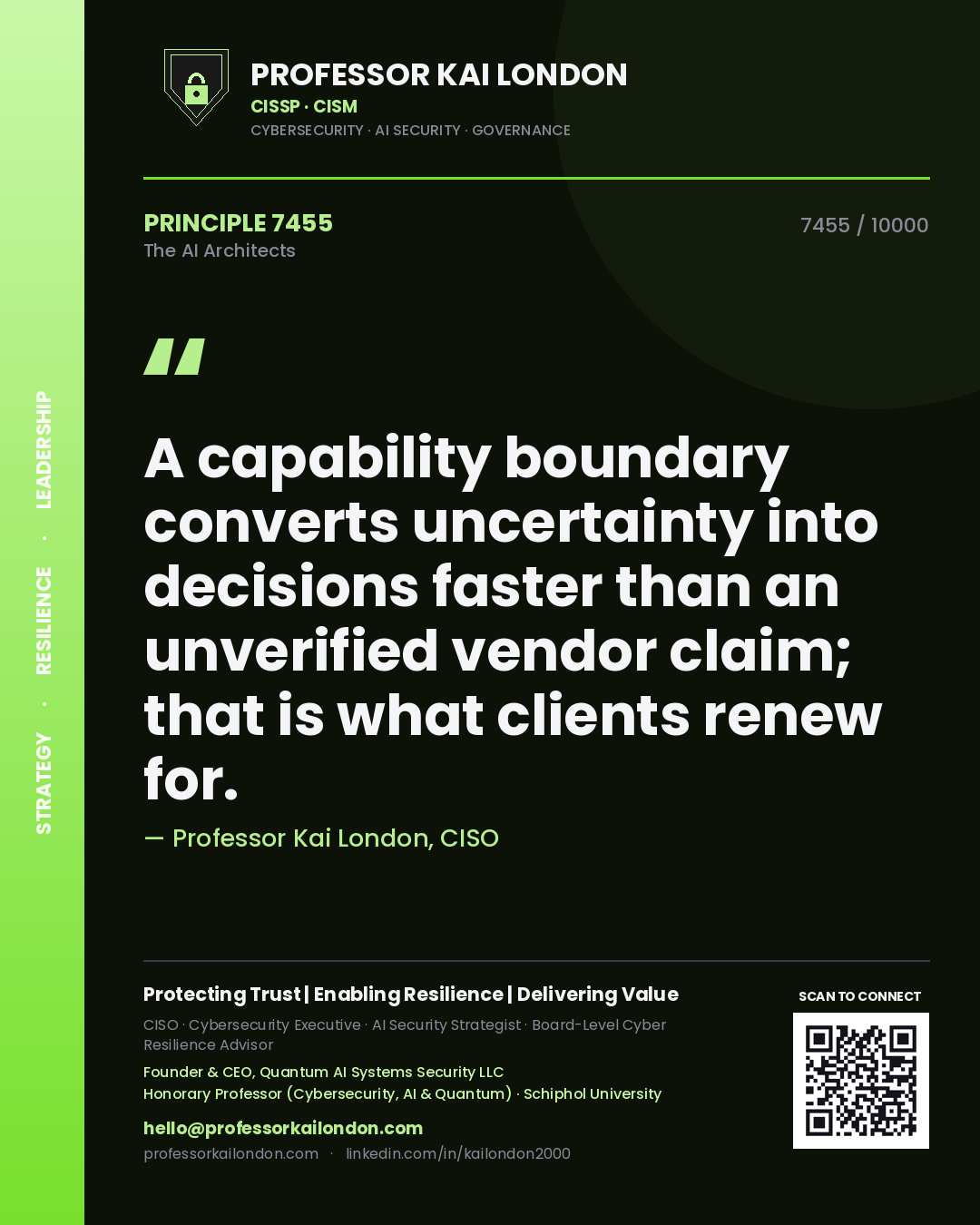 Quote card by Professor Kai London reading 'A capability boundary converts uncertainty into decisions faster than an unverified vendor claim; that is what clients renew for.'. From the book The AI Architects.