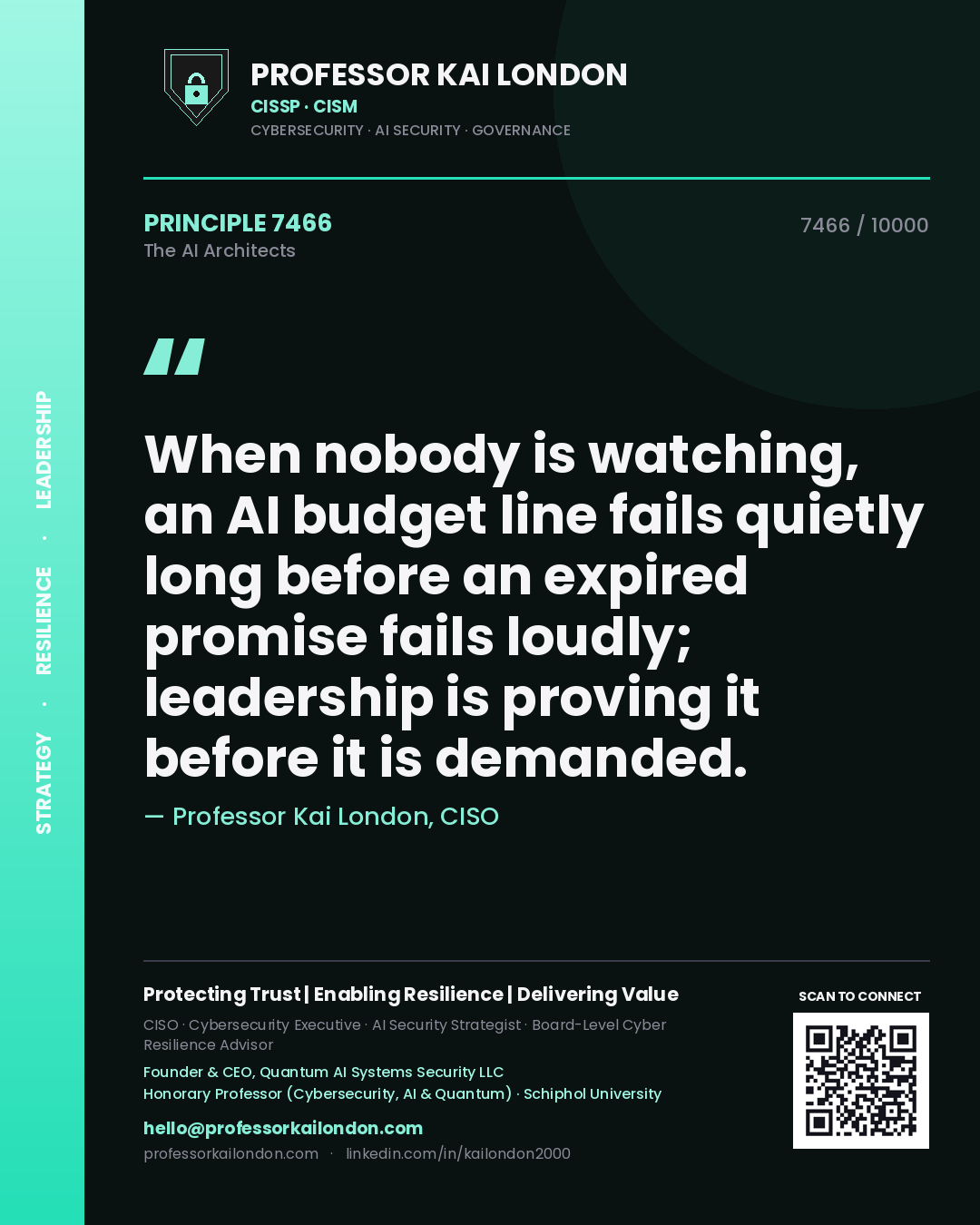 Quote card by Professor Kai London reading 'When nobody is watching, an AI budget line fails quietly long before an expired promise fails loudly; leadership is proving it before it is demanded.'. From the book The AI Architects.